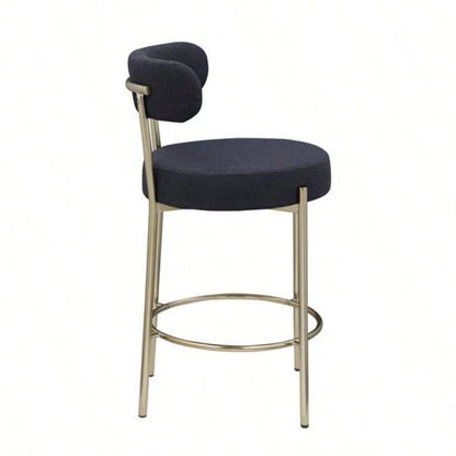 Modern Sherpa Counter Height Stools Set of 2, Uphsoltered 26 Height Barstools with Brushed Brass Metal Round Low Back Kitchen Stools with Footrest Dining Room, Black