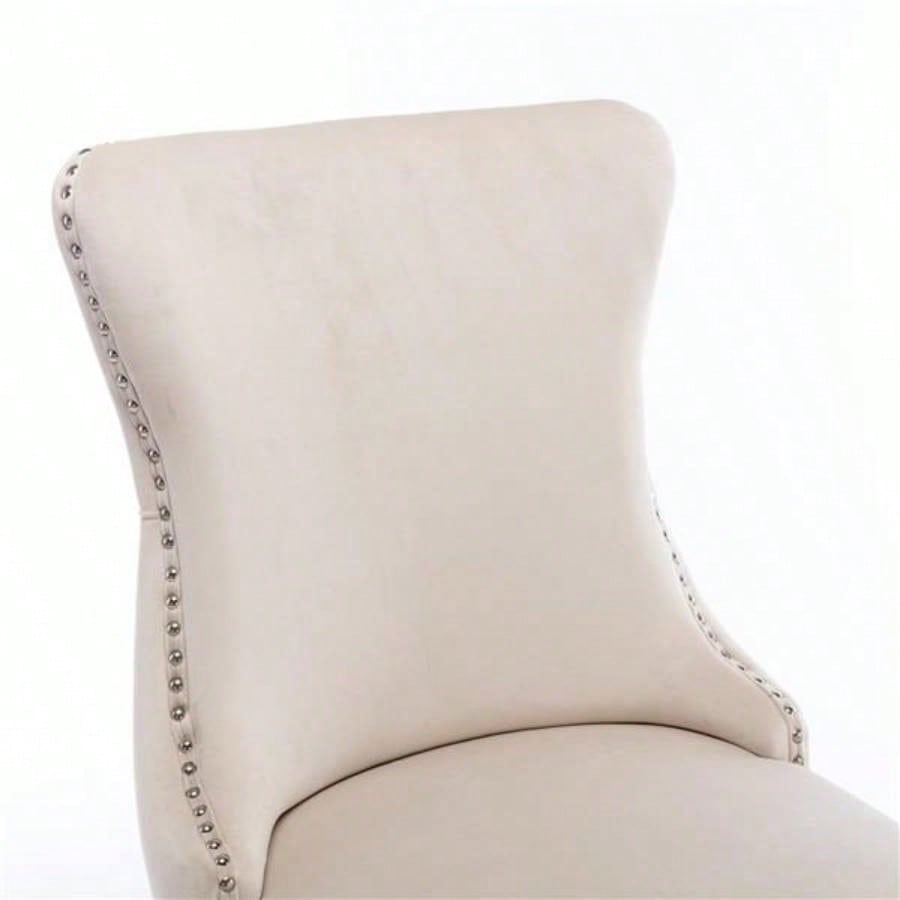 Furniture, Upholstered Wing - Back Dining Chair with Backstitching Nailhead Trim and Solid Wood, Set of 2, Beige