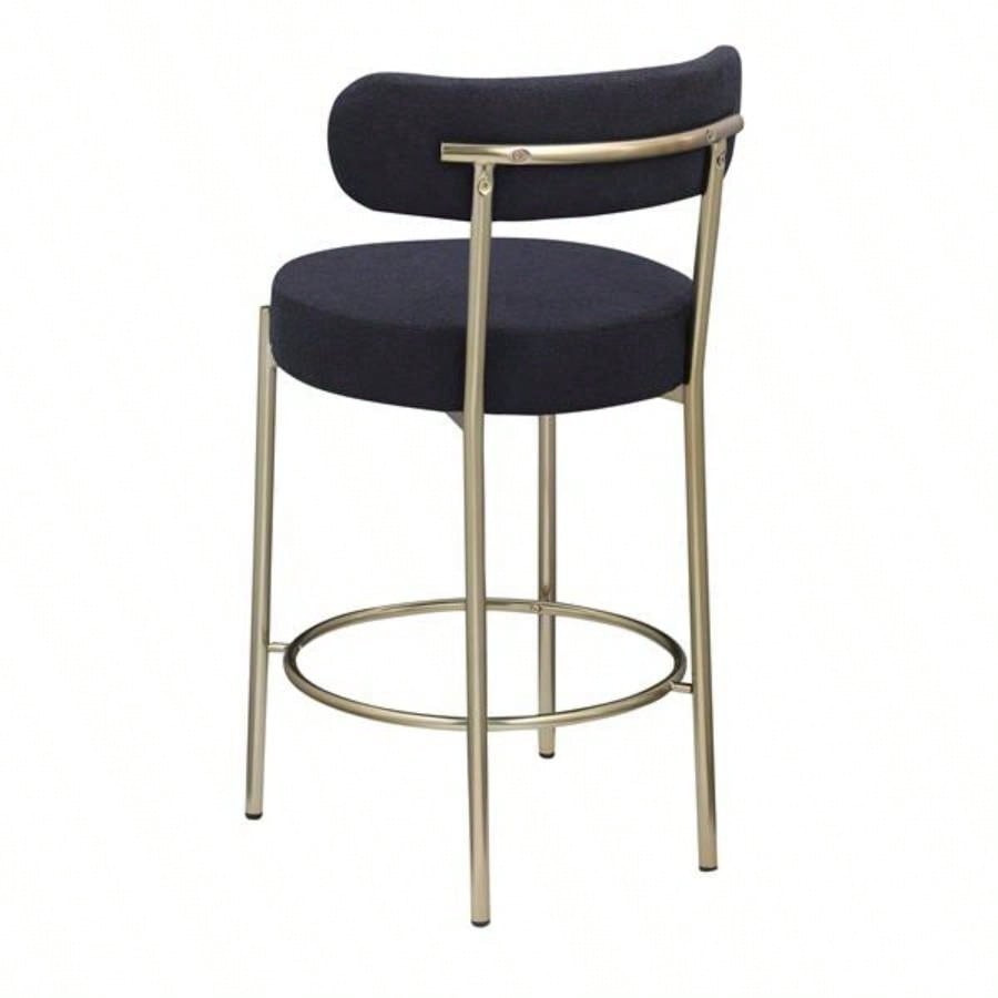 Modern Sherpa Counter Height Stools Set of 2, Uphsoltered 26 Height Barstools with Brushed Brass Metal Round Low Back Kitchen Stools with Footrest Dining Room, Black