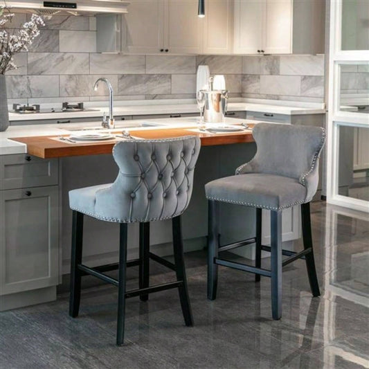 Furniture, Contemporary Velvet Upholstered Wing - Back Barstools with Button Tufted Decoration and Wooden, and Nailhead Trim, Leisure Style Bar Chairs, Bar stools, Set of 2 GraySW1824GY