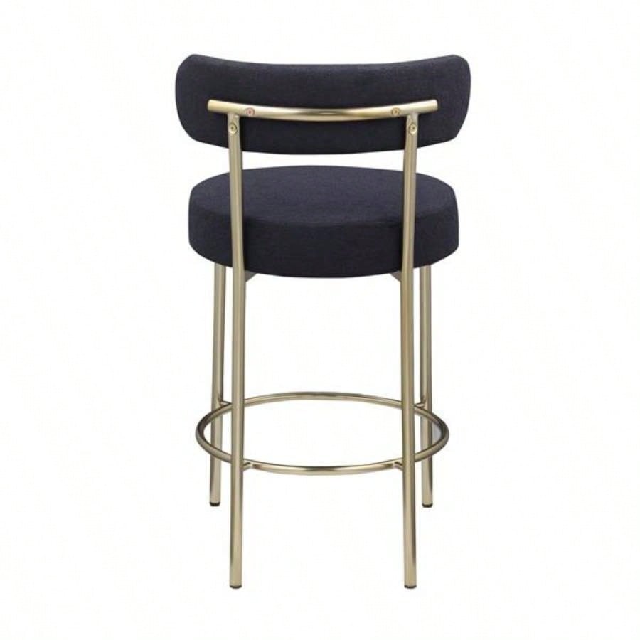 Modern Sherpa Counter Height Stools Set of 2, Uphsoltered 26 Height Barstools with Brushed Brass Metal Round Low Back Kitchen Stools with Footrest Dining Room, Black