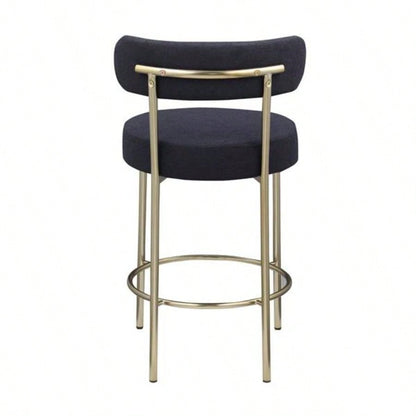 Modern Sherpa Counter Height Stools Set of 2, Uphsoltered 26 Height Barstools with Brushed Brass Metal Round Low Back Kitchen Stools with Footrest Dining Room, Black