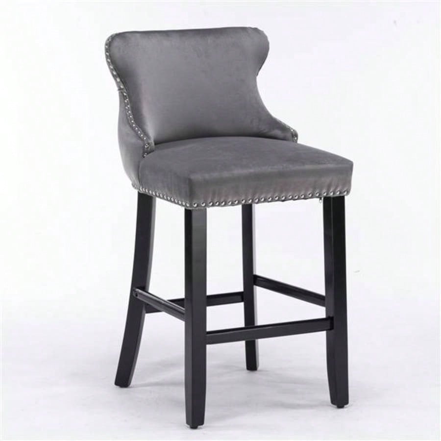 Furniture, Contemporary Velvet Upholstered Wing - Back Barstools with Button Tufted Decoration and Wooden, and Nailhead Trim, Leisure Style Bar Chairs, Bar stools, Set of 2 GraySW1824GY