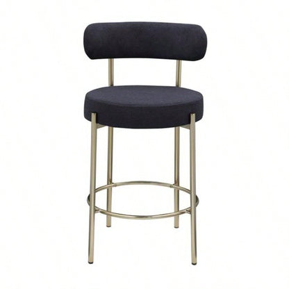 Modern Sherpa Counter Height Stools Set of 2, Uphsoltered 26 Height Barstools with Brushed Brass Metal Round Low Back Kitchen Stools with Footrest Dining Room, Black
