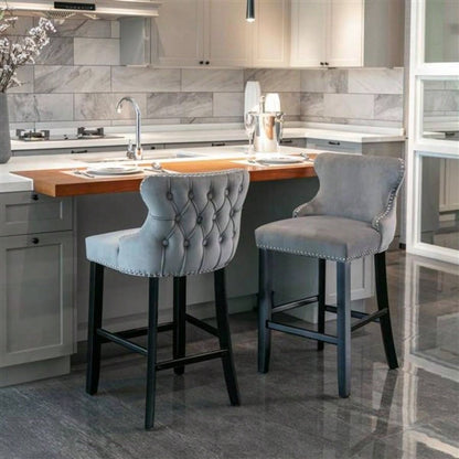 Furniture, Contemporary Velvet Upholstered Wing - Back Barstools with Button Tufted Decoration and Wooden, and Nailhead Trim, Leisure Style Bar Chairs, Bar stools, Set of 2 GraySW1824GY