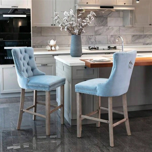 Contemporary Velvet Upholstered Barstools with Button Tufted Decoration and Wooden, and Nailhead Trim, Leisure Style Bar Chairs, Bar stools, Set of 2 Light BlueSW2002LB