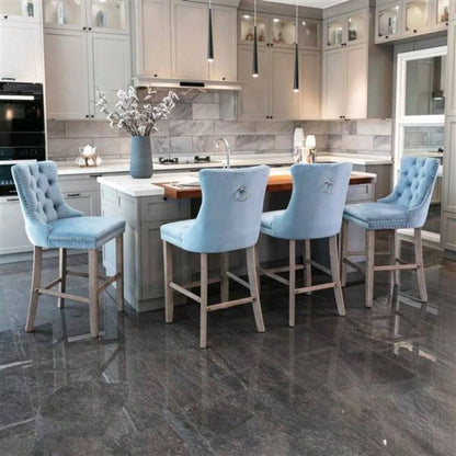 Contemporary Velvet Upholstered Barstools with Button Tufted Decoration and Wooden, and Nailhead Trim, Leisure Style Bar Chairs, Bar stools, Set of 2 Light BlueSW2002LB