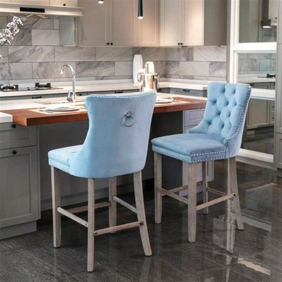 Contemporary Velvet Upholstered Barstools with Button Tufted Decoration and Wooden, and Nailhead Trim, Leisure Style Bar Chairs, Bar stools, Set of 2 Light BlueSW2002LB