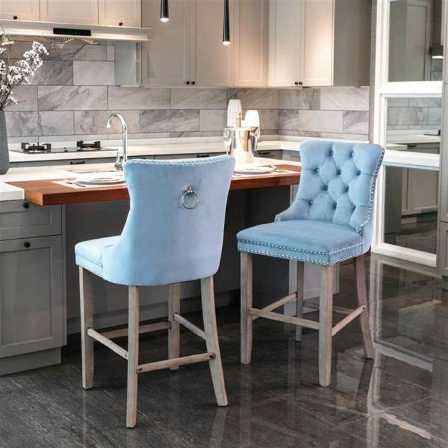 Contemporary Velvet Upholstered Barstools with Button Tufted Decoration and Wooden, and Nailhead Trim, Leisure Style Bar Chairs, Bar stools, Set of 2 Light BlueSW2002LB
