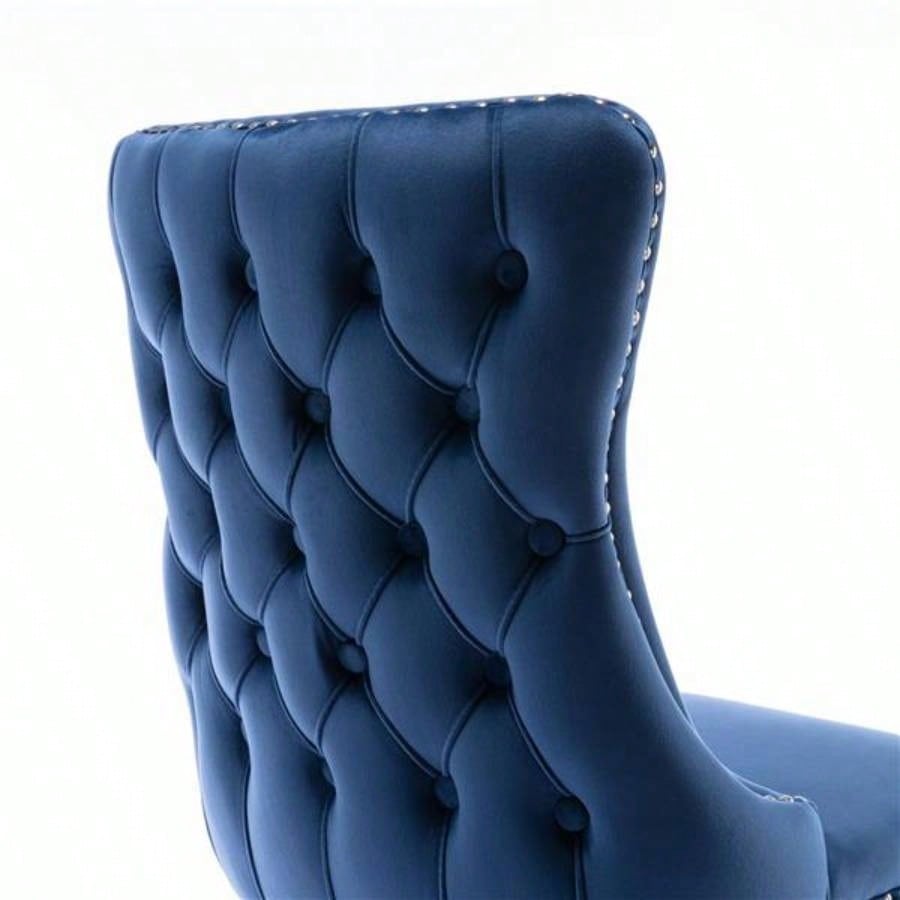 Furniture, Upholstered Wing - Back Dining Chair with Backstitching Nailhead Trim and Solid Wood, Set of 2, Blue