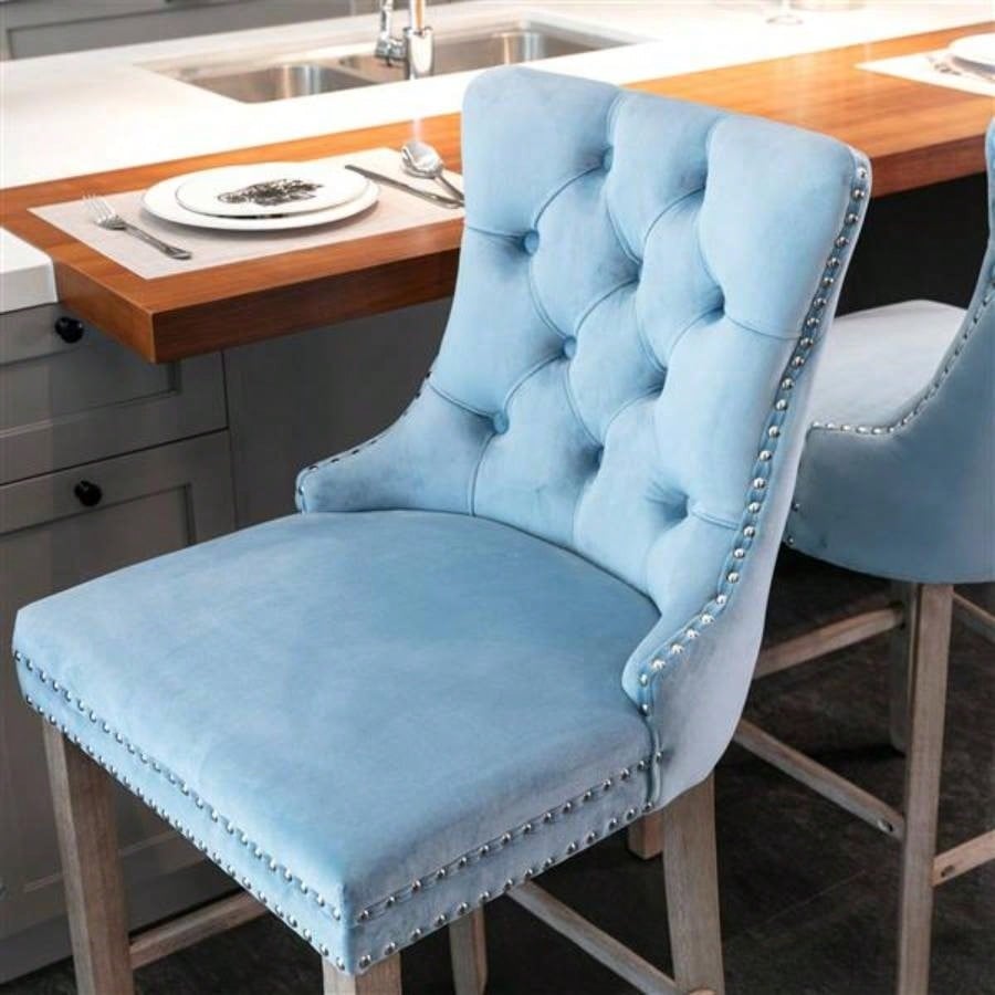Contemporary Velvet Upholstered Barstools with Button Tufted Decoration and Wooden, and Nailhead Trim, Leisure Style Bar Chairs, Bar stools, Set of 2 Light BlueSW2002LB