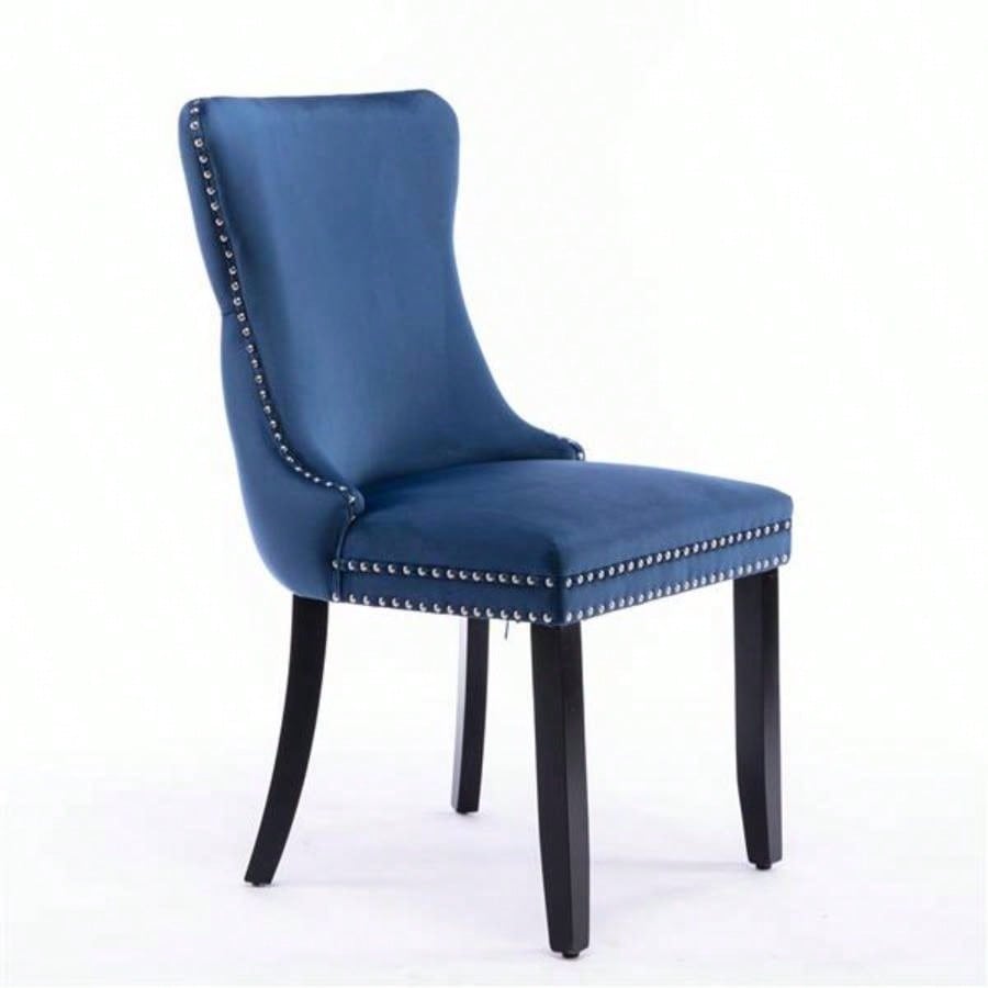 Furniture, Upholstered Wing - Back Dining Chair with Backstitching Nailhead Trim and Solid Wood, Set of 2, Blue