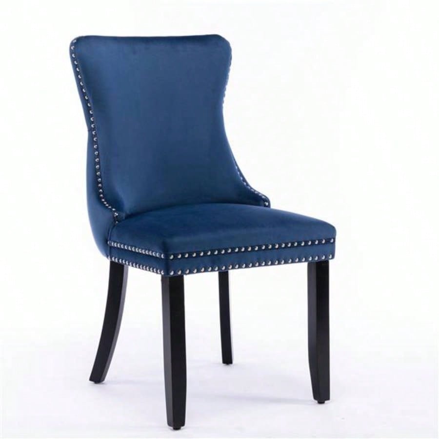 Furniture, Upholstered Wing - Back Dining Chair with Backstitching Nailhead Trim and Solid Wood, Set of 2, Blue