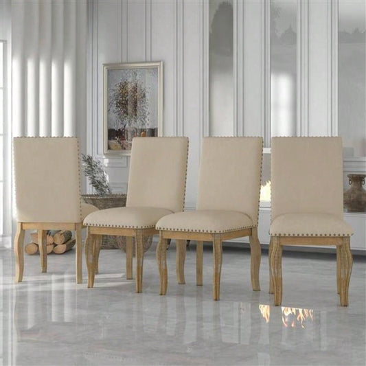 Set of 4 Dining chairs Wood Upholstered Fabirc Dining Room Chairs with Nailhead Natural Wood Wash