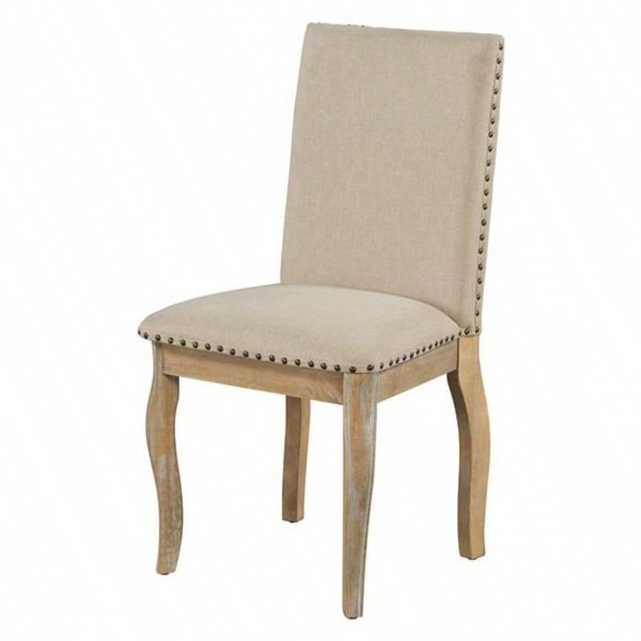 Set of 4 Dining chairs Wood Upholstered Fabirc Dining Room Chairs with Nailhead Natural Wood Wash