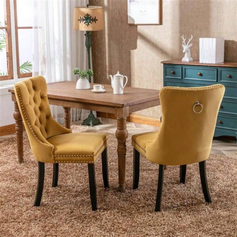 Modern, High - end Tufted Solid Wood Contemporary Velvet Upholstered Dining Chair with Wood Nailhead Trim 2 - Pcs Set, Gloden, SW2001GL