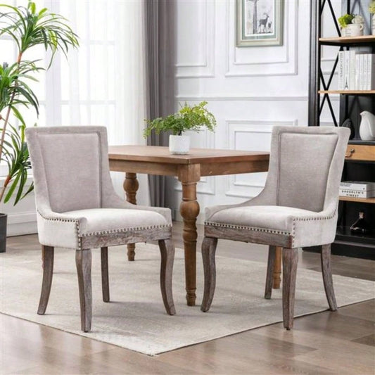 Furniture, Ultra Side Dining Chair Thickened fabric chairs with neutrally toned solid wood Bronze nail Set of 2 Beige