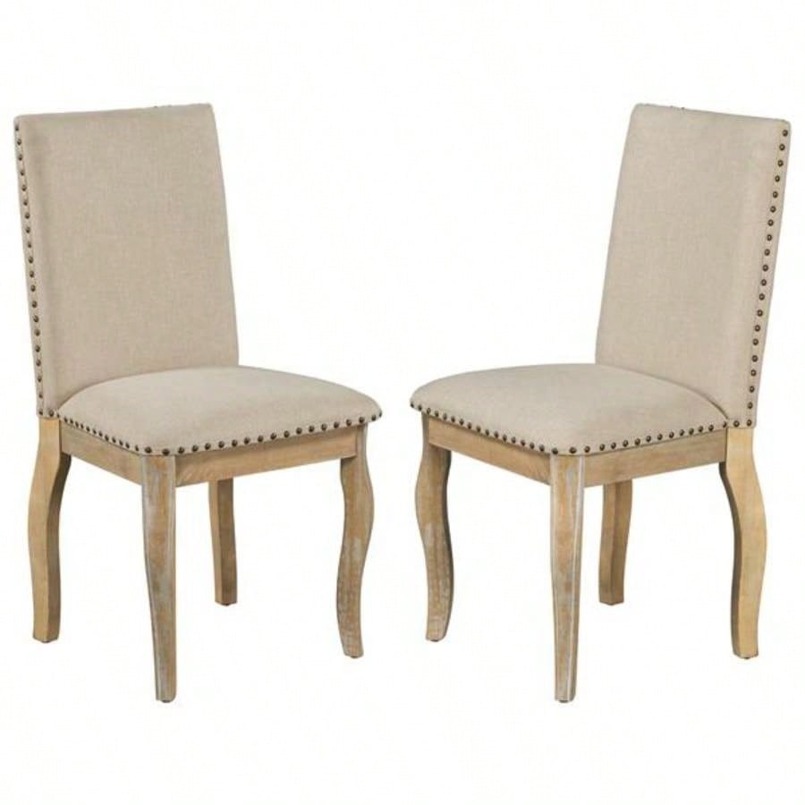 Set of 4 Dining chairs Wood Upholstered Fabirc Dining Room Chairs with Nailhead Natural Wood Wash