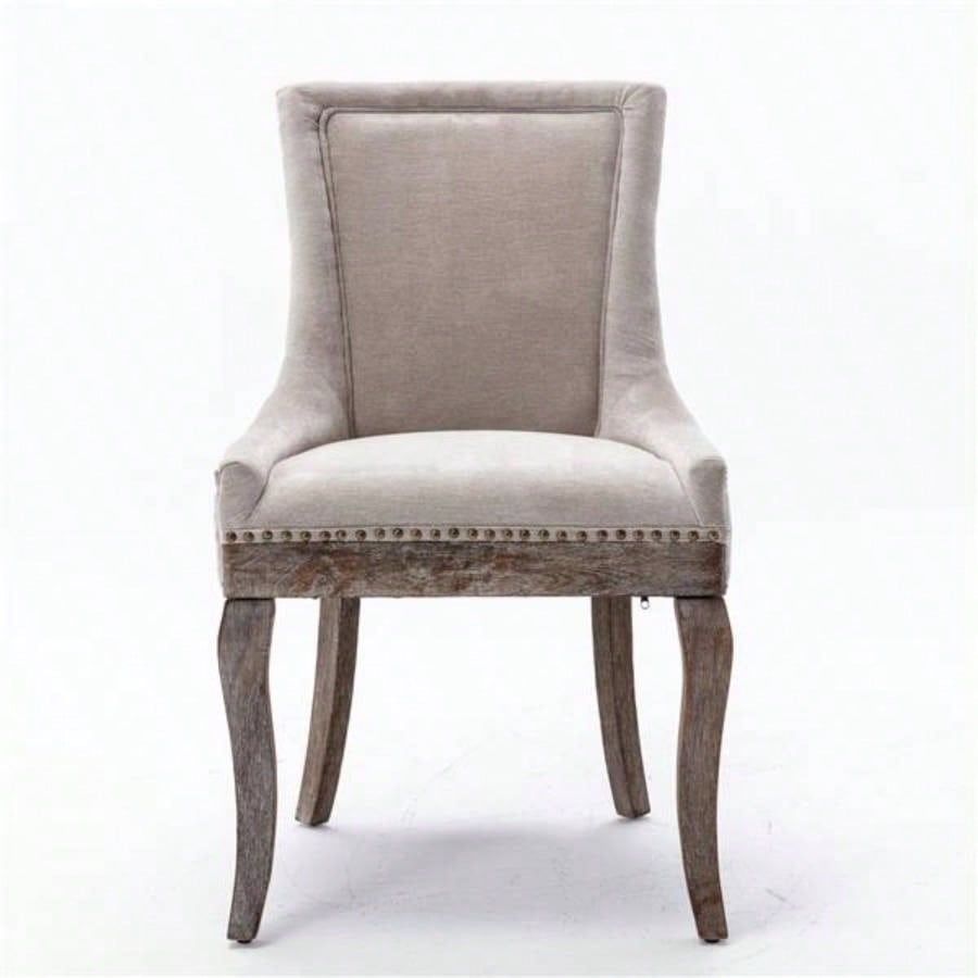 Furniture, Ultra Side Dining Chair Thickened fabric chairs with neutrally toned solid wood Bronze nail Set of 2 Beige