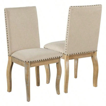Set of 4 Dining chairs Wood Upholstered Fabirc Dining Room Chairs with Nailhead Natural Wood Wash