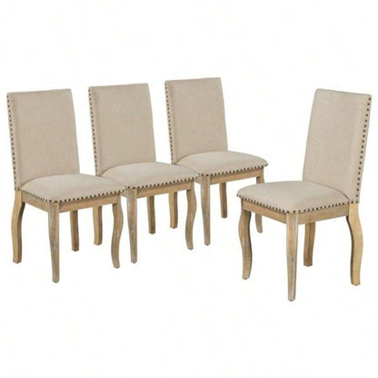 Set of 4 Dining chairs Wood Upholstered Fabirc Dining Room Chairs with Nailhead Natural Wood Wash