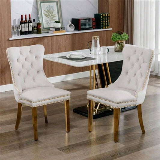 Furniture, Modern, High - end Tufted Solid Wood Contemporary Velvet Upholstered Dining Chair with Golden Stainless Steel Plating, Nailhead Trim, Set of 2, Beige and Gold