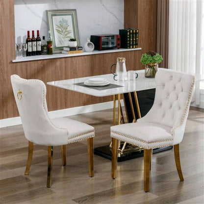 Furniture, Modern, High - end Tufted Solid Wood Contemporary Velvet Upholstered Dining Chair with Golden Stainless Steel Plating, Nailhead Trim, Set of 2, Beige and Gold