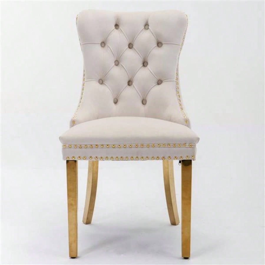 Furniture, Modern, High - end Tufted Solid Wood Contemporary Velvet Upholstered Dining Chair with Golden Stainless Steel Plating, Nailhead Trim, Set of 2, Beige and Gold