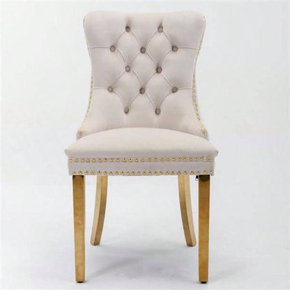Furniture, Modern, High - end Tufted Solid Wood Contemporary Velvet Upholstered Dining Chair with Golden Stainless Steel Plating, Nailhead Trim, Set of 2, Beige and Gold