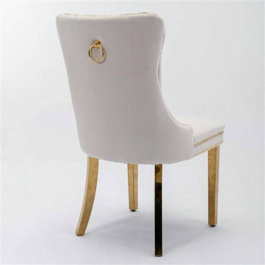 Furniture, Modern, High - end Tufted Solid Wood Contemporary Velvet Upholstered Dining Chair with Golden Stainless Steel Plating, Nailhead Trim, Set of 2, Beige and Gold