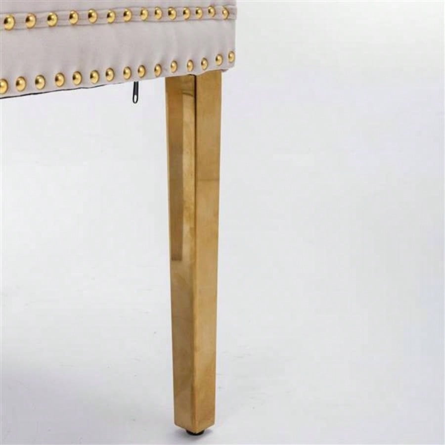 Furniture, Modern, High - end Tufted Solid Wood Contemporary Velvet Upholstered Dining Chair with Golden Stainless Steel Plating, Nailhead Trim, Set of 2, Beige and Gold