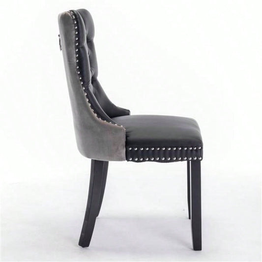 Furniture, Modern, High - end Tufted Solid Wood Contemporary PU and Velvet Upholstered Dining Chair with Wood Nailhead Trim 2 - Pcs Set Black+Gray, SW2101BG