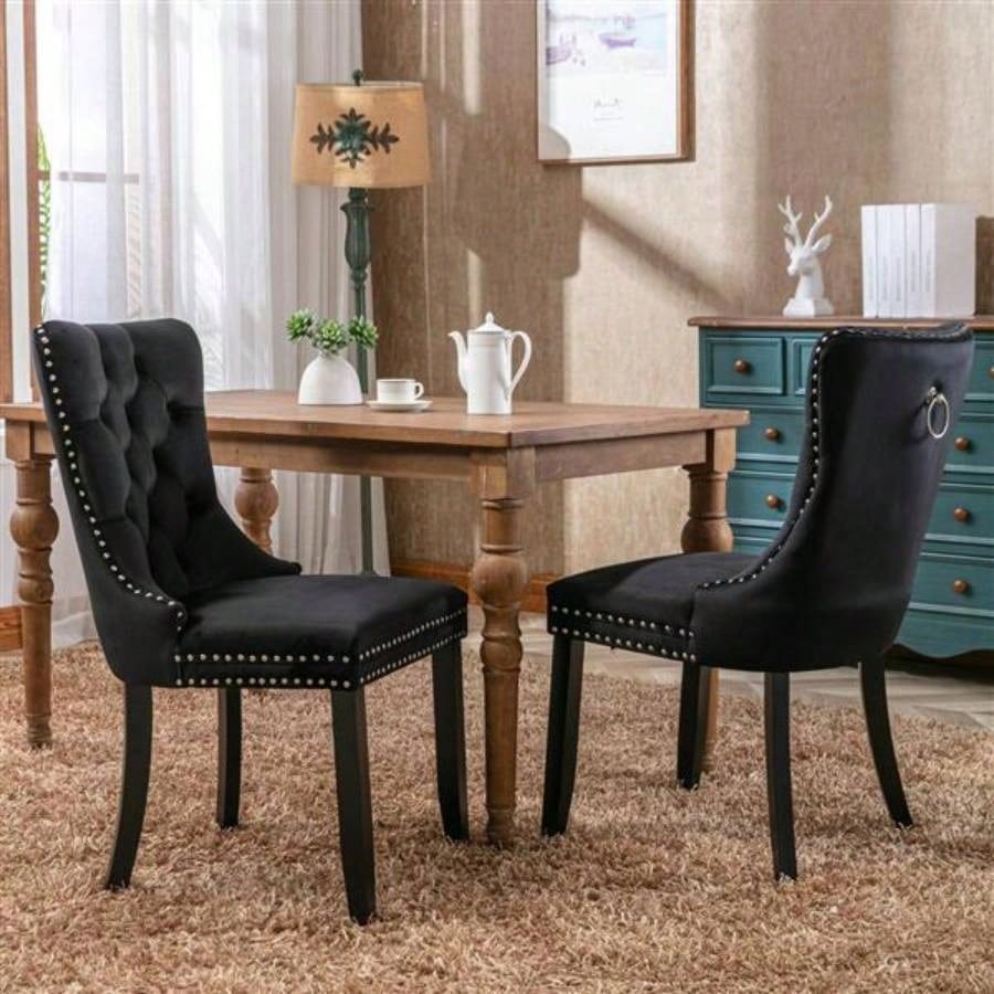 Modern, High - end Tufted Solid Wood Contemporary Velvet Upholstered Dining Chair with Wood Nailhead Trim 2 - Pcs Set, Black