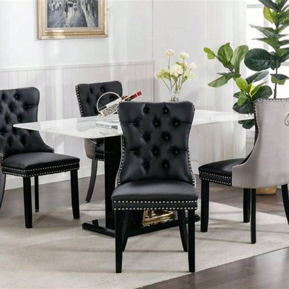 Furniture, Modern, High - end Tufted Solid Wood Contemporary PU and Velvet Upholstered Dining Chair with Wood Nailhead Trim 2 - Pcs Set Black+Gray, SW2101BG