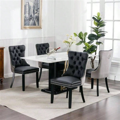 Furniture, Modern, High - end Tufted Solid Wood Contemporary PU and Velvet Upholstered Dining Chair with Wood Nailhead Trim 2 - Pcs Set Black+Gray, SW2101BG