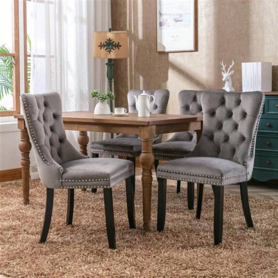 Modern, High - end Tufted Solid Wood Contemporary Velvet Upholstered Dining Chair with Wood Nailhead Trim 2 - Pcs Set, Gray