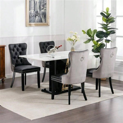 Furniture, Modern, High - end Tufted Solid Wood Contemporary PU and Velvet Upholstered Dining Chair with Wood Nailhead Trim 2 - Pcs Set Black+Gray, SW2101BG