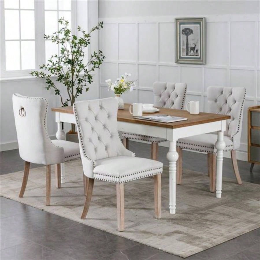 Modern, High - end Tufted Solid Wood Contemporary Flax Upholstered Dining Chair with Wood Nailhead Trim 2 - Pcs Set, Gray, SW6801BG