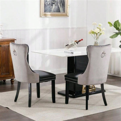 Furniture, Modern, High - end Tufted Solid Wood Contemporary PU and Velvet Upholstered Dining Chair with Wood Nailhead Trim 2 - Pcs Set Black+Gray, SW2101BG
