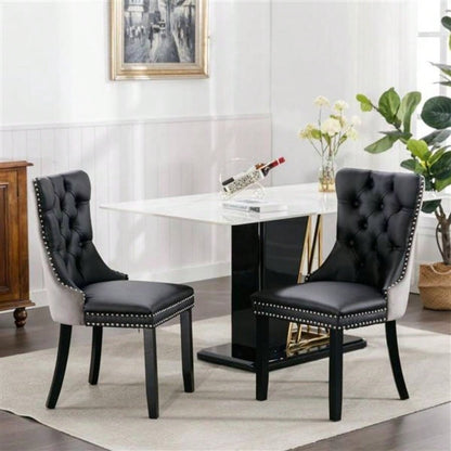 Furniture, Modern, High - end Tufted Solid Wood Contemporary PU and Velvet Upholstered Dining Chair with Wood Nailhead Trim 2 - Pcs Set Black+Gray, SW2101BG