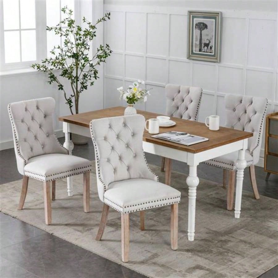 Modern, High - end Tufted Solid Wood Contemporary Flax Upholstered Dining Chair with Wood Nailhead Trim 2 - Pcs Set, Gray, SW6801BG
