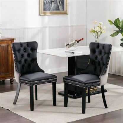 Furniture, Modern, High - end Tufted Solid Wood Contemporary PU and Velvet Upholstered Dining Chair with Wood Nailhead Trim 2 - Pcs Set Black+Gray, SW2101BG