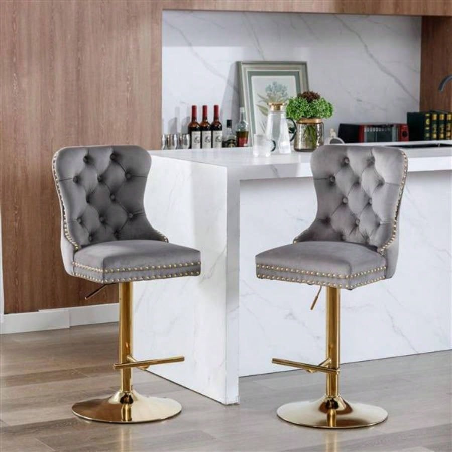 Furniture, Thick lden Swivel Velvet Barstools Adjusatble Height from 25 - 33 Inch, Modern Upholstered Bar Stools with Backs Comfortable Tufted Home Pub and Kitchen Island Gray, Set of 2
