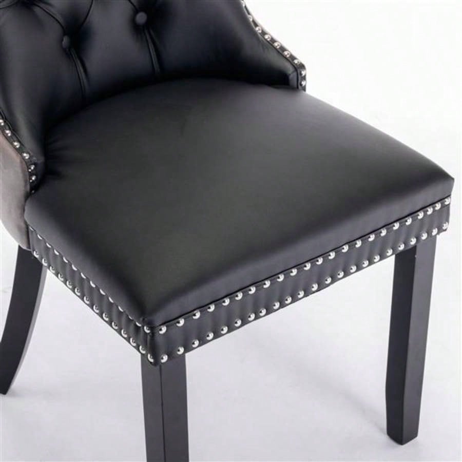 Furniture, Modern, High - end Tufted Solid Wood Contemporary PU and Velvet Upholstered Dining Chair with Wood Nailhead Trim 2 - Pcs Set Black+Gray, SW2101BG