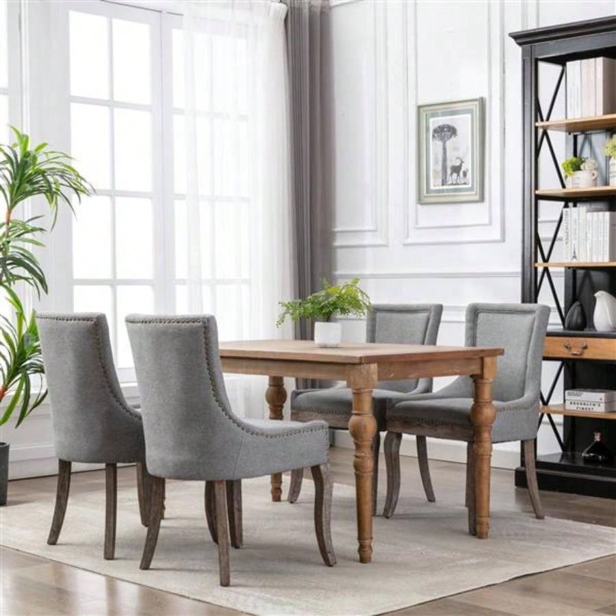 Furniture, Ultra Side Dining Chair Thickened fabric chairs with neutrally toned solid wood Bronze nail Set of 2 Gray