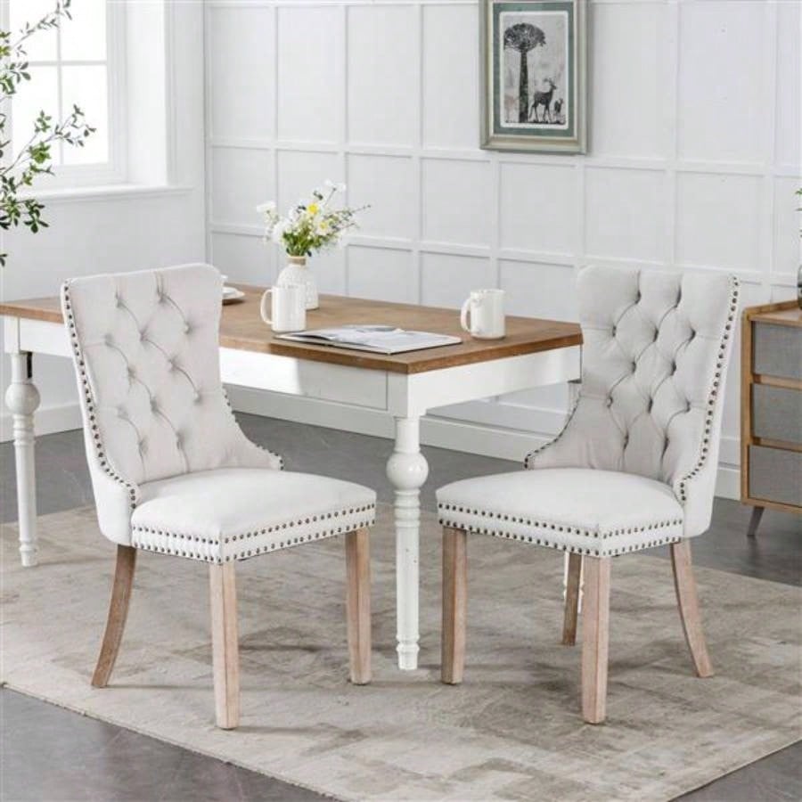 Modern, High - end Tufted Solid Wood Contemporary Flax Upholstered Dining Chair with Wood Nailhead Trim 2 - Pcs Set, Gray, SW6801BG
