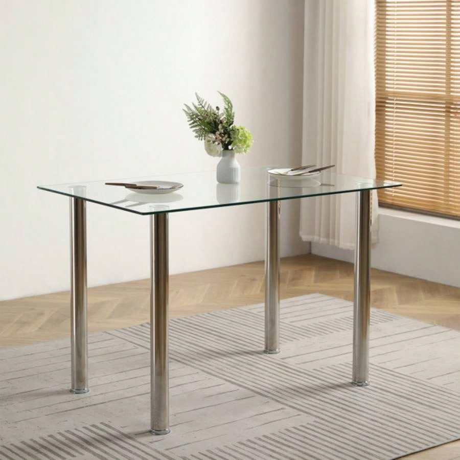 4 - simple rectangular cylindrical leg table tempered glass stainless steel glass 110 * 70 * 75cm N201Replace encoding13029115