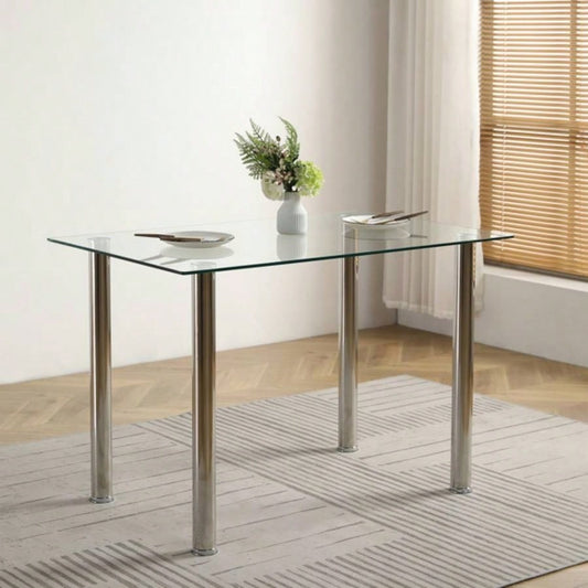 4 - simple rectangular cylindrical leg table tempered glass stainless steel glass 110 * 70 * 75cm N201Replace encoding13029115