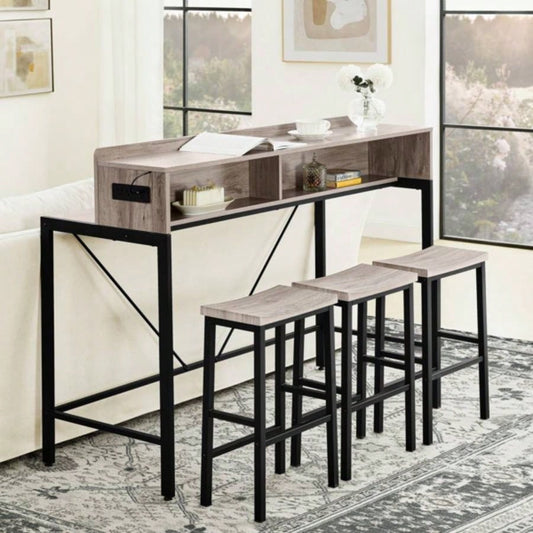 59 inch bar table, dining table, sofa table with power socket and LED light, 3 stools, 4 - piece bar table and chairs set living room, dining room and kitchen