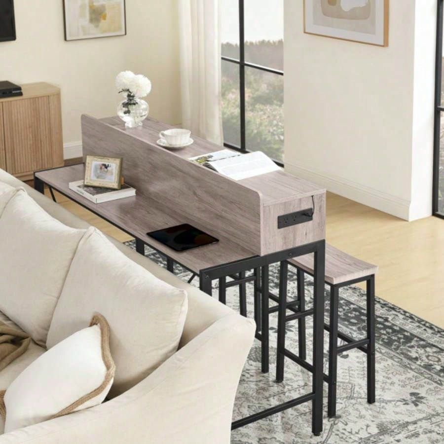 59 inch bar table, dining table, sofa table with power socket and LED light, 3 stools, 4 - piece bar table and chairs set living room, dining room and kitchen